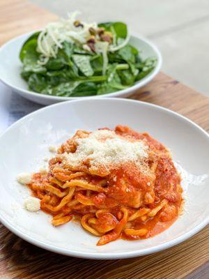 Chitarra Arrabbiata & Spinach Salad @tiffhuangry