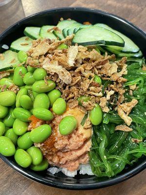 Small poke bowl with half salmon & half spicy tuna with all the delicious toppings and sauces