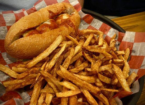 Meatball sandwich with hand cut fries