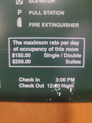 Room rates posted on room door