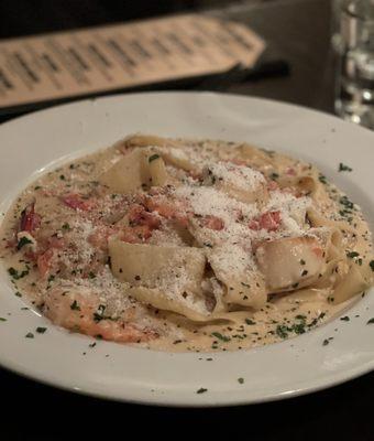 Seafood pasta loaded with shrimp, scallops and lobster