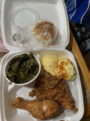 Fried chicken, Mac and cheese, collared greens, and biscuit