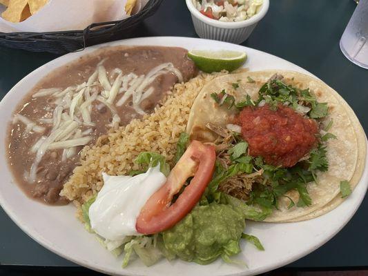 Eddies Mexican Restaurant, Ukiah, CA - September 20, 2024 - Carnitas taco with rice and beans