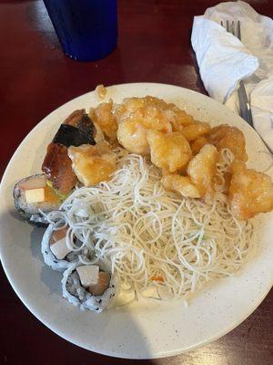 My plate of coconut chicken, salmon rolls, noodles, and eel nigiri