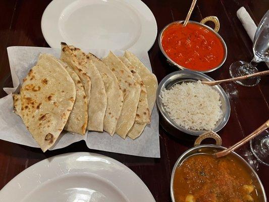 butter chicken, rice, shrimp curry, naan