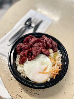 Tapsilog: Tapa (Cured beef) with garlic fried rice and egg