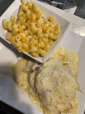 Chicken cordon blue and mac and cheese