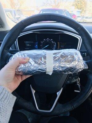 Size of sub sandwich is generous (steering wheel for scale)