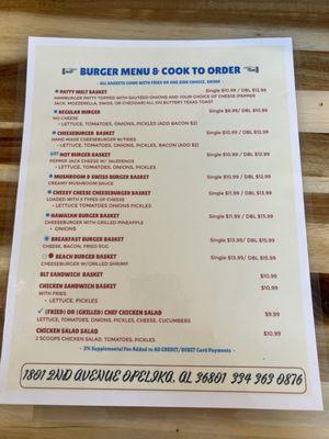 Burger and cook to order menu