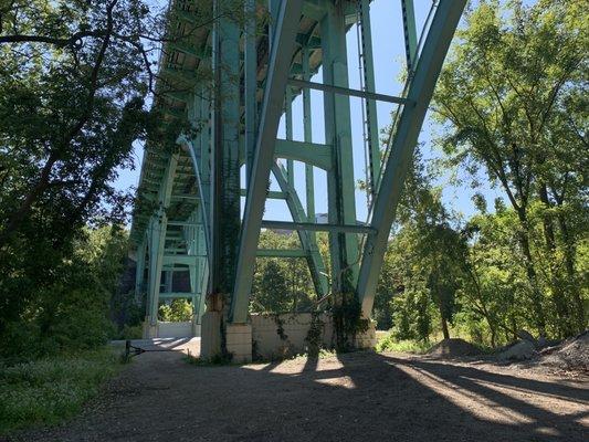 Under the bridge near the river.