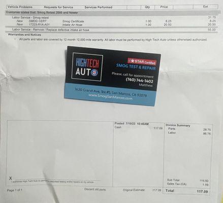 Invoice on Smog Test and Repairs for defective Air Intake Hose.