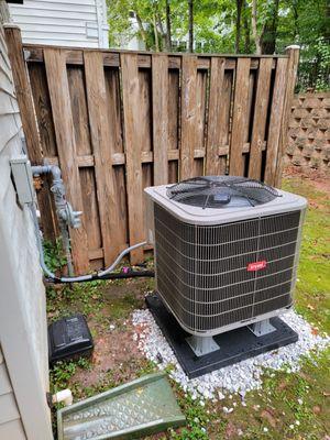 Nicely installed 2.5ton 14SEER AC unit. They put in the pad and added some landscaping rock around it to make it look nicer.