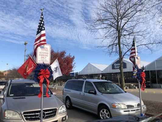 Veteran parking decor for holidays. Thanks for the salute, Lowe's.