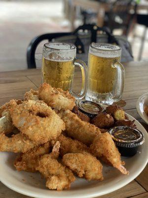 Seafood combo with coconut onion rings