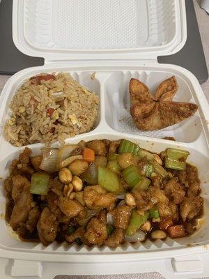 Lunch special kung pao chicken with fried rice and crab puff