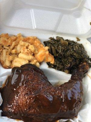 Leg quarter, Mac n cheese, collard greens