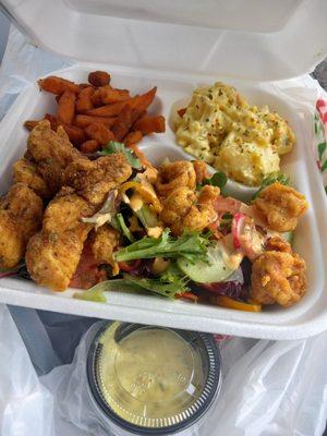 Chef's Special! Catfish & shrimp on salad. Added sweet potato, & potato salad. With homemade tartar sauce.