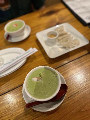 Avocado Cream Soup and Shrimp Dumplings