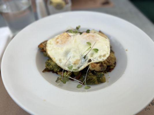 BREAKFAST BOWL Brussels sprouts, sweet potato, house bacon, kale-pistachio pesto, avocado, sunny side up eggs