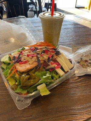 Salmon salad and grapefruit, celery, & pineapple juice.