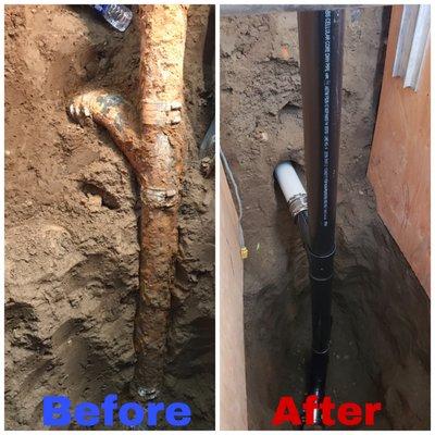 Old cast iron sewer line to ABS and SDR 17 Sewer line replacement.