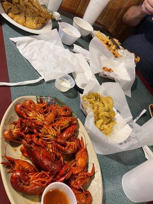 Craw fish,fried dill pickles, and Chicken fried steak.