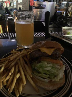 burger, beer, fries . Nice      Was really good.