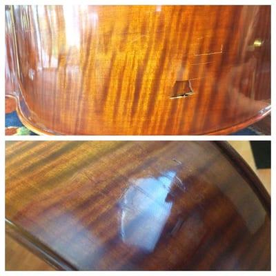 Before (top) and after (bottom). This place did a great job repairing my cello.