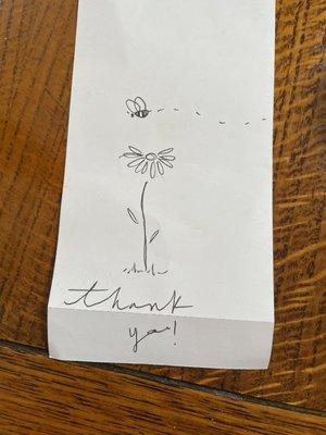 Thank you note from waitress