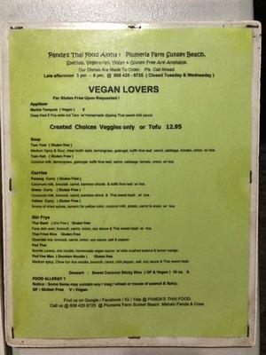 Vegan Menu!