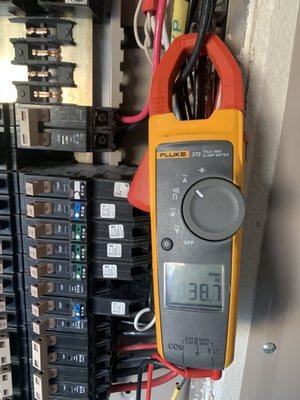 40A breaker  38.7 amperes running   what do you think?  Continuous load is more than 3 hours  Yes, breaker needs to be at 80% of capacity.