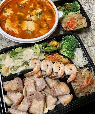 Pork Belly Bento Box and Seafood Soft Tofu Stew