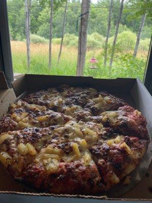 Our take out pizza in our little cabin in the woods. Excellent Hawaiian pizza!