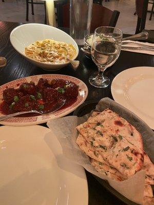 Navrattan Korma, Veg Manchurian, and Garlic Naan Bread