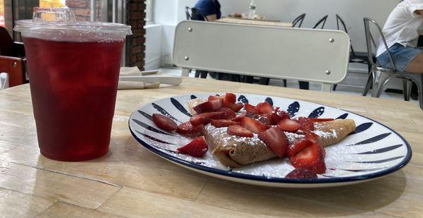 Iced hibiscus tea with strawberry jam crepe with strawberry