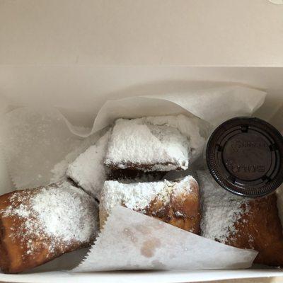 Beignets w/ chocolate sauce.