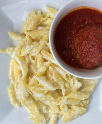 Gluten free pasta alfredo with a meatball in marina