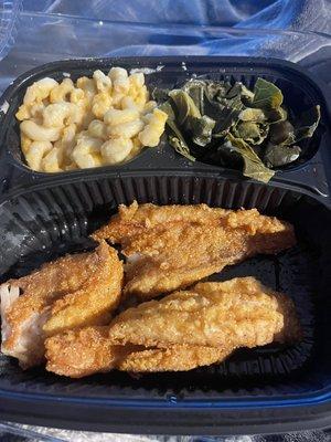 Fried Perch, Mac and Cheese, and Collard Greens with Smoked Turkey