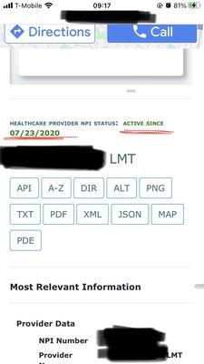 This website stated the date my NPI was created, is 7/23/202, when I started working at his office, not when I got my massage license