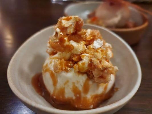 Smoked vanilla mascarpone gelato with spicy caramel popcorn