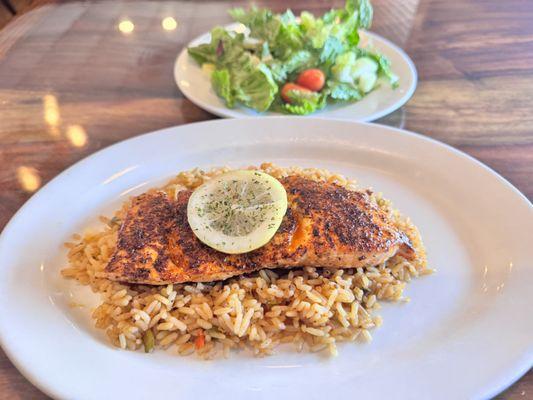 Lunch Perfection - Blackened Salmon, Dirty Rice and Fresh Salad at Christie's