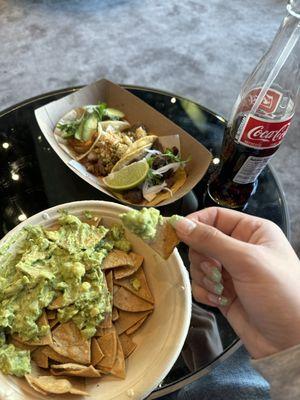 House Guacamole with Totopos  Mexican Coke  3 Piece Taco Tasting ( Shrimp, carne asada, carnitas)