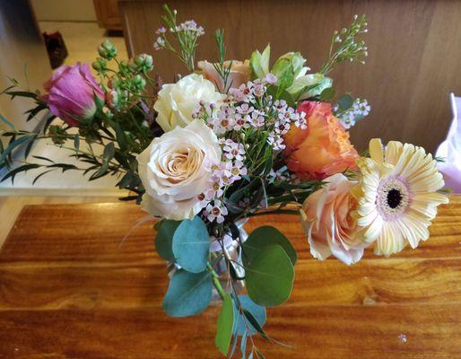 A birthday bouquet, topped with a handmade origami crane (which I unfortunately missed in the photo).