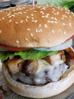 Mushroom Swiss Cheeseburger with hand cut fries