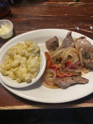 Sirloin tips and mac and cheese