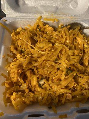 To go chicken pad Thai. About 6-7 slices over cooked dry chicken