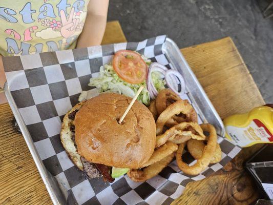 Lodge burger with onion rings