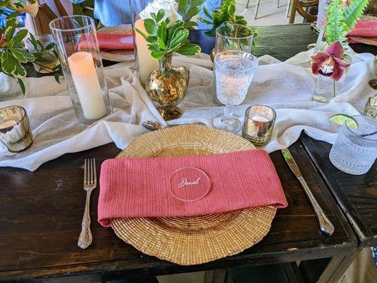 Wedding reception table setting at the Mary Ann Peeples Pavilion at the Coastal Discovery Museum, Hilton Head Island.