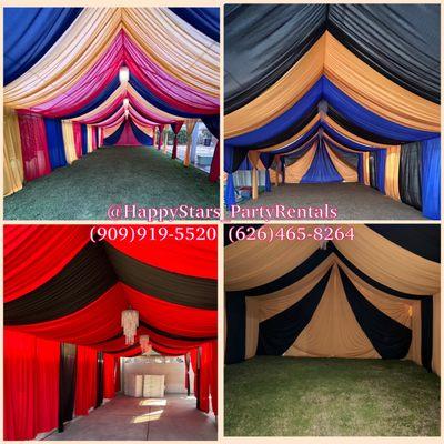 Canopy draping decoration with different color variations. All with chandelier lighting.