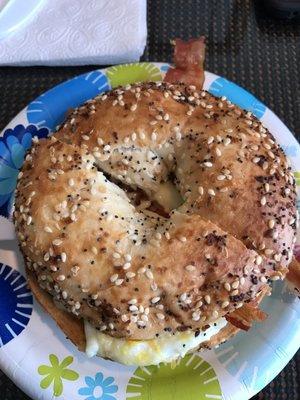 Bacon egg and cheese in an everything bagel